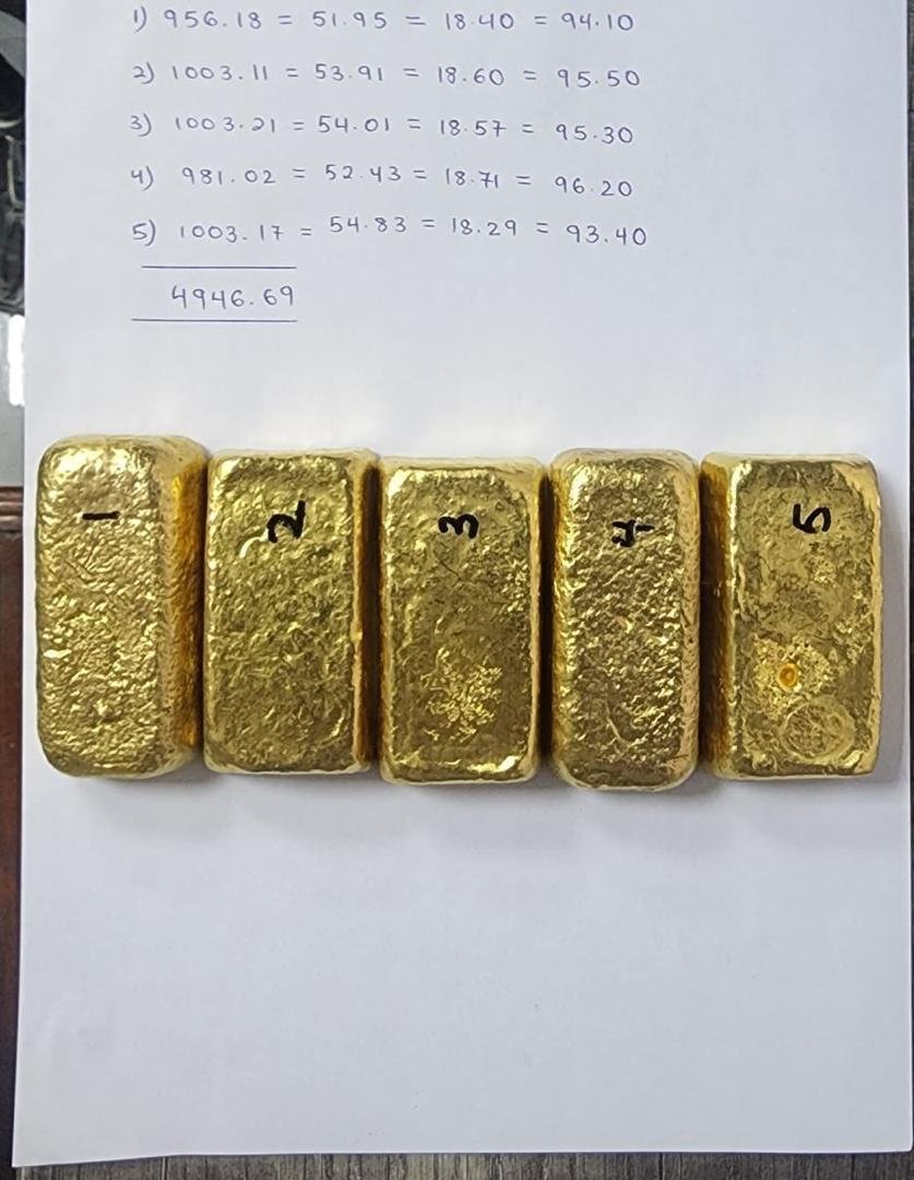 Weighed gold bars from a recent refining batch, with purity and weight records